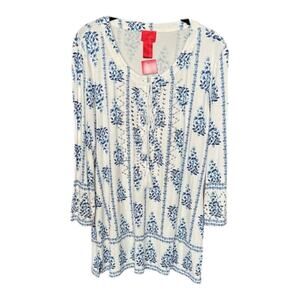 NWT Cristina Tunic - Blue and White Floral Blouse with Silver Metal Accents - L